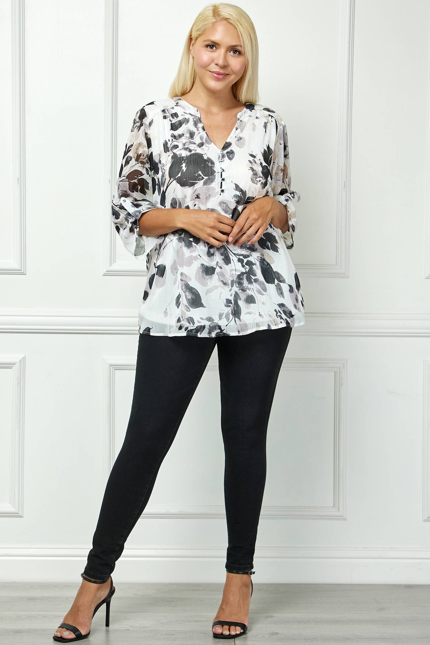 PLUS SIZE RUSHED TAB SLEEVE HENLEY BLOUSE