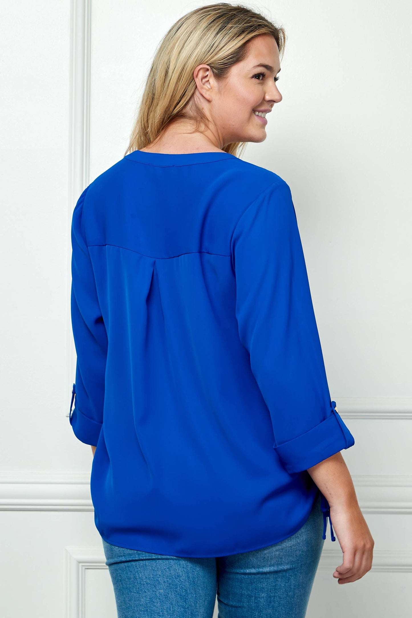 PLUS SIZE TAB SLEEVE MANDARIN COLLAR SHIRT