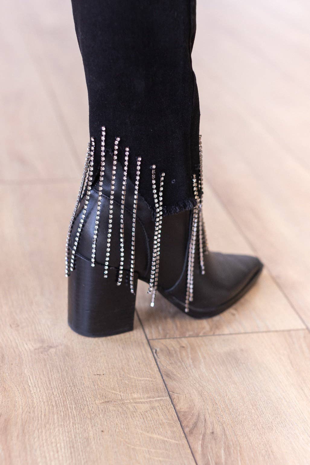 Black Skinny Jeans with Rhinestone Fringe Detail