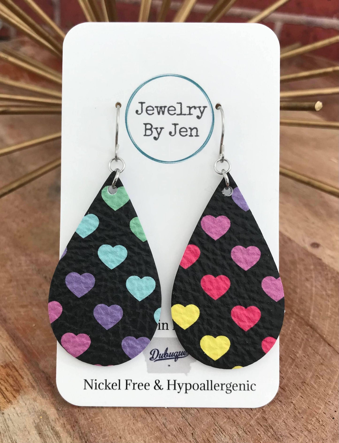Medium Teardrop Earrings: Rainbow Hearts