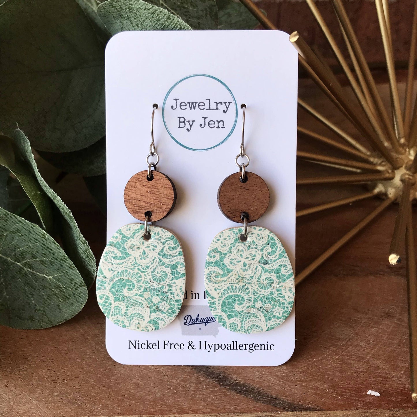 Wood & Aqua Lace Earrings
