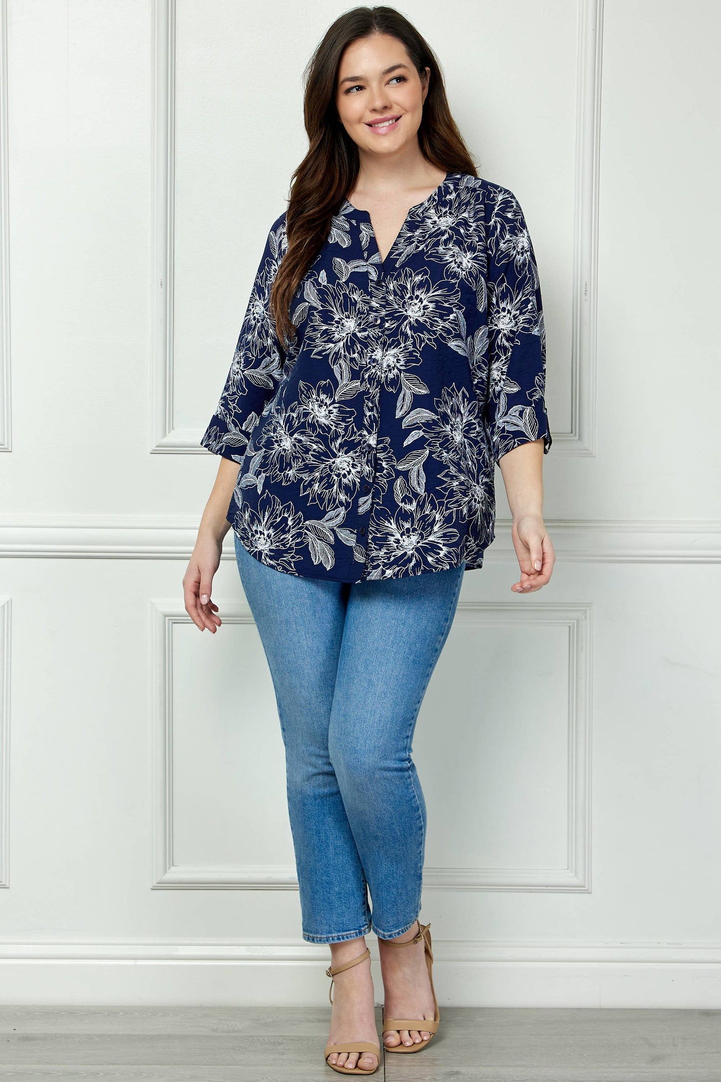 PLUS SIZE ROLL-TAB MANDARIN COLLAR BLOUSE
