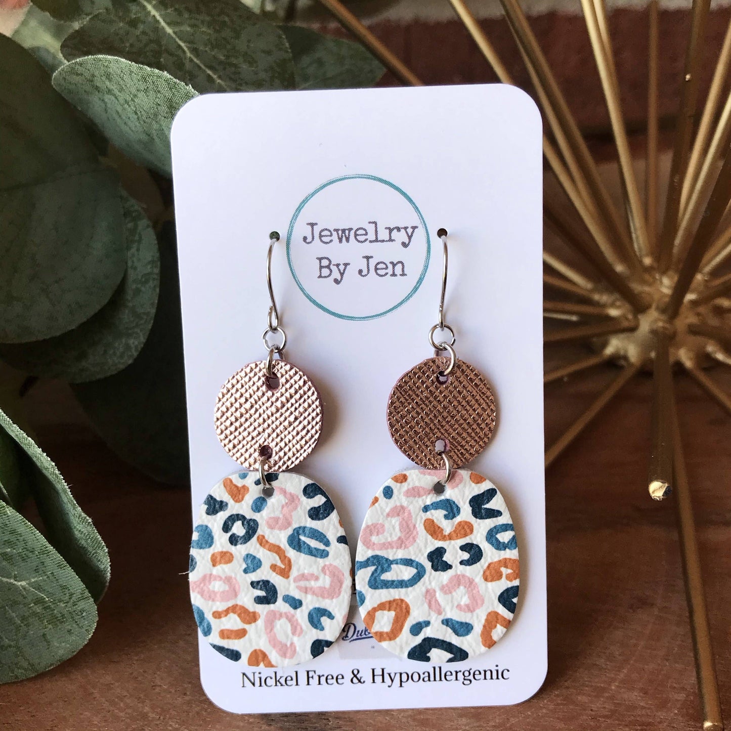 Rose Gold & Leopard Multi Rounded Square Earrings