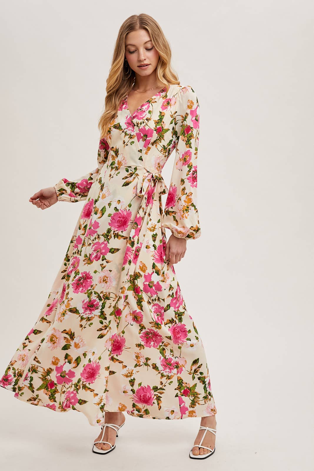 satin floral wrap dress Green Satin Floral Ruffle Wrap Midi Dress