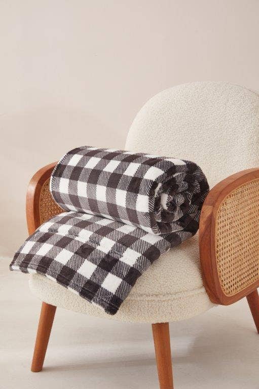"Black & White Plaid" Footed Flannel Throw 50"x70"