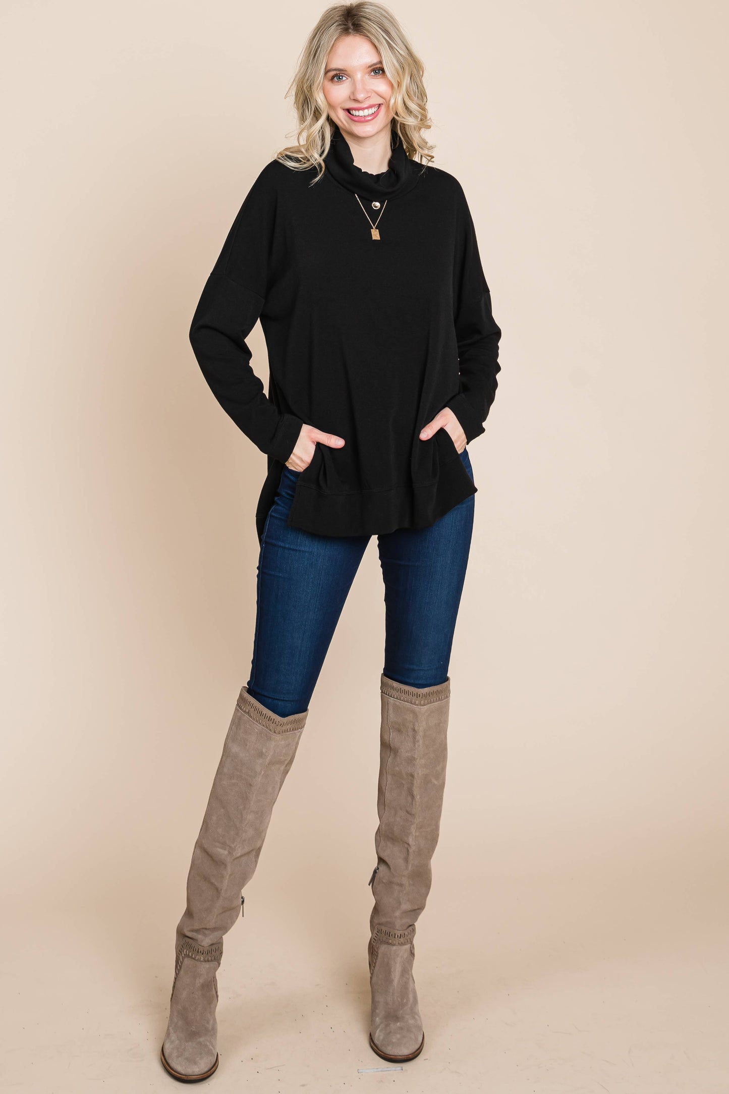 Two Tone Cowl Neck Pullover top