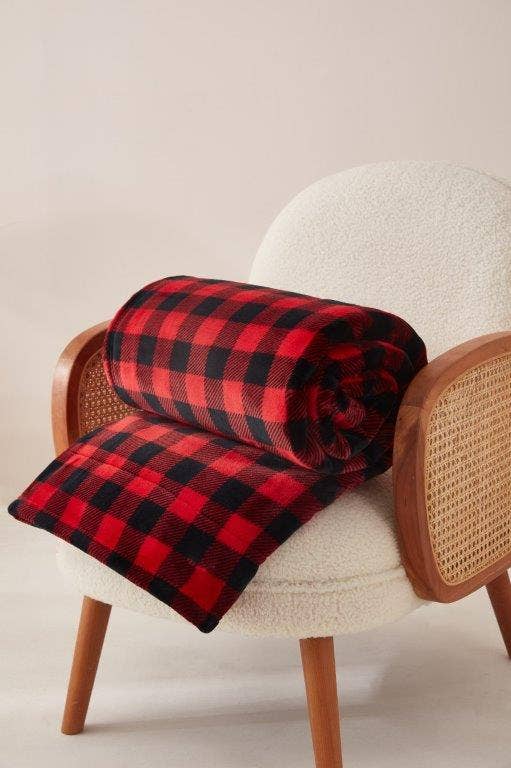"Red & Black Plaid" Footed Flannel Throw 50"x70"
