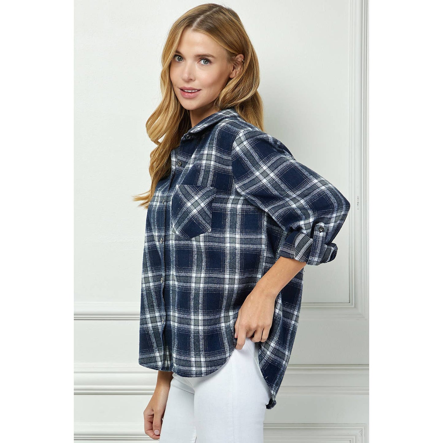 PLAID FLANNEL ROLL SLEEVES COLLAR NECK SHIRTS