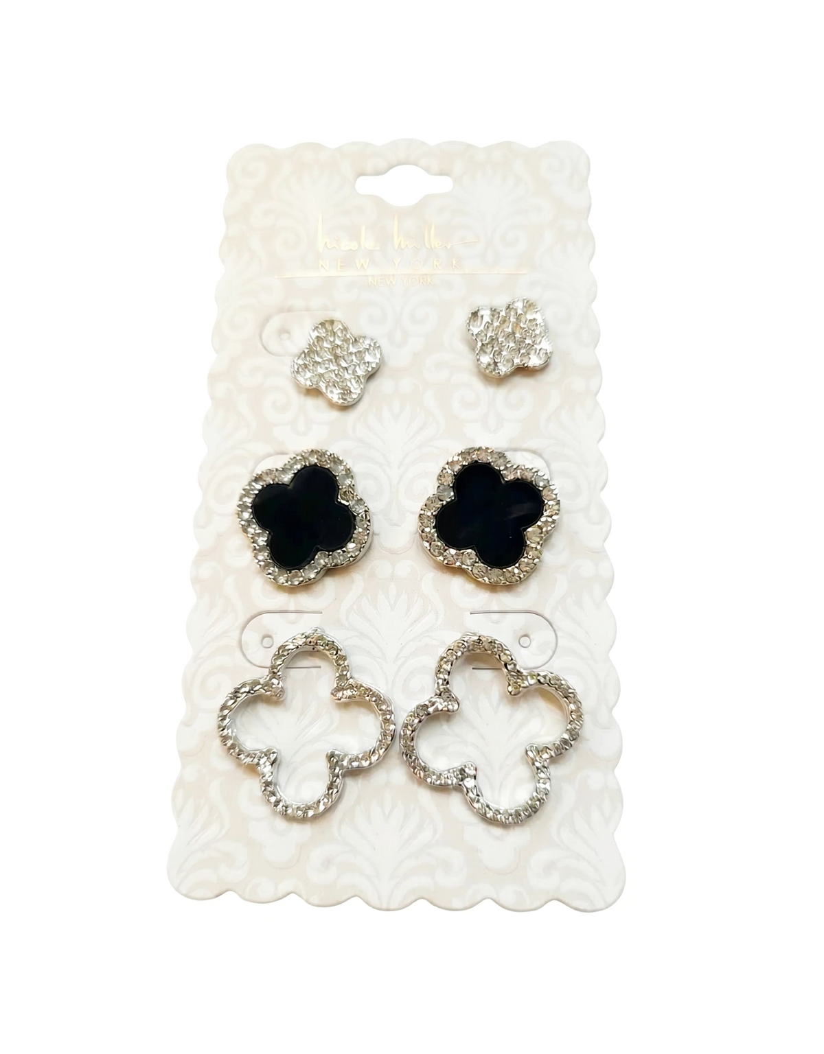 Set of 3 Rhinestone and Black Clover Motif Earrings