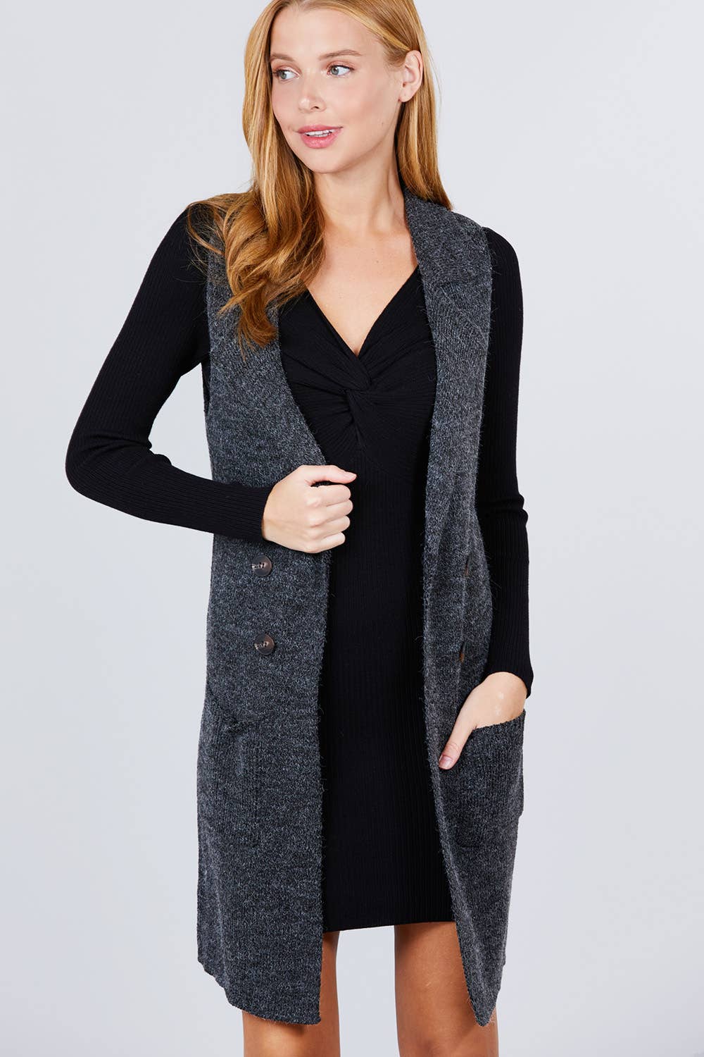 Notched Collar With Side Pocket Long Sweater