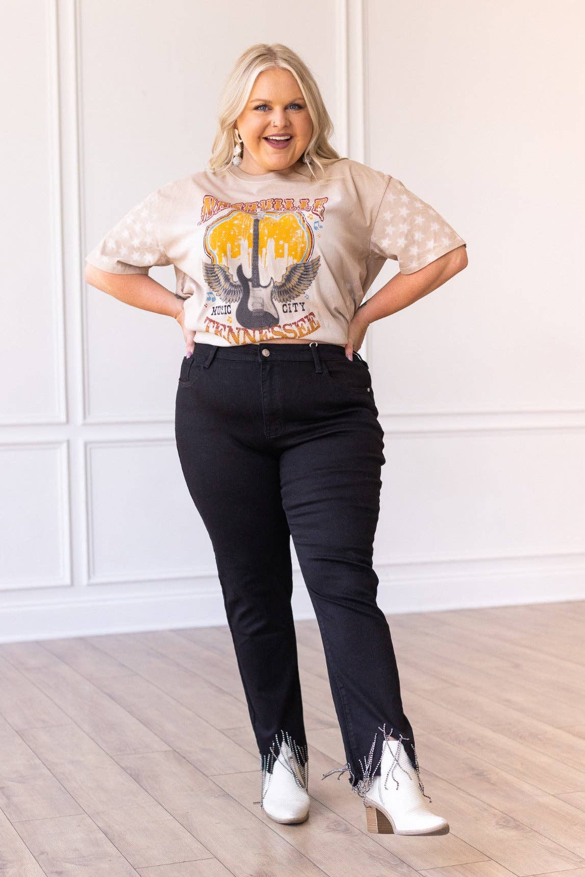 Black Skinny Jeans with Rhinestone Fringe Detail