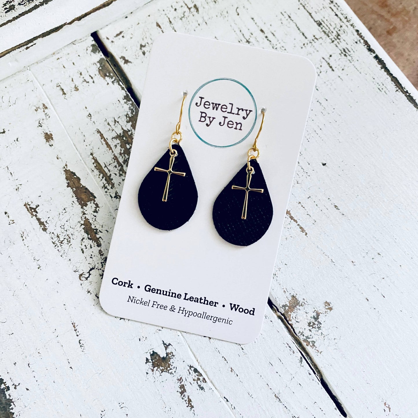 Teardrop Earrings: Black w/Gold Cross Charm
