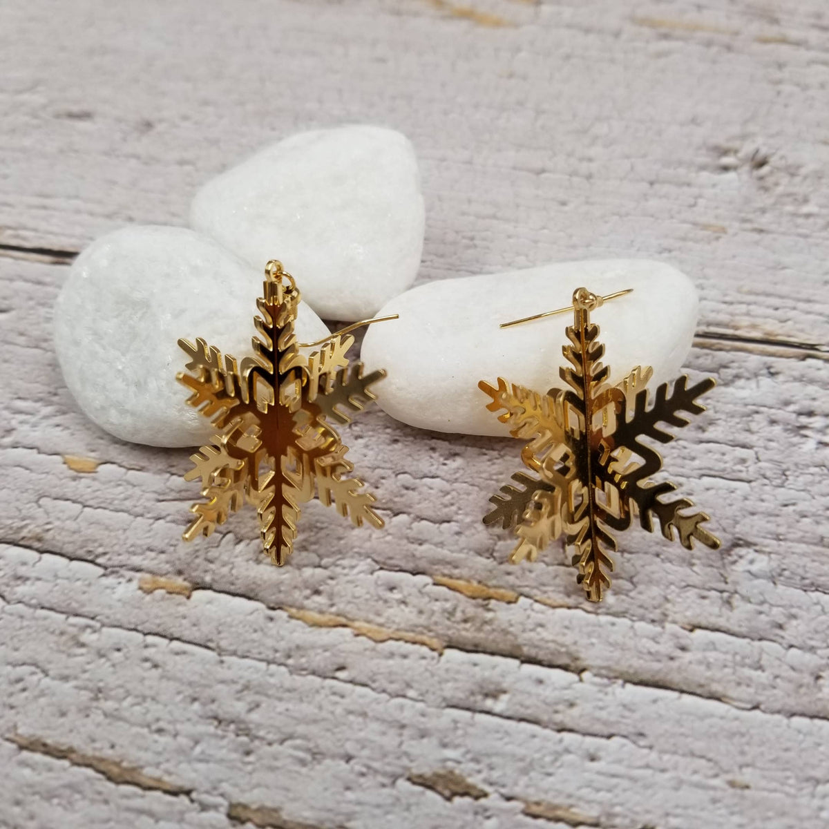 Gold 3D Winter Snowflakes Earrings