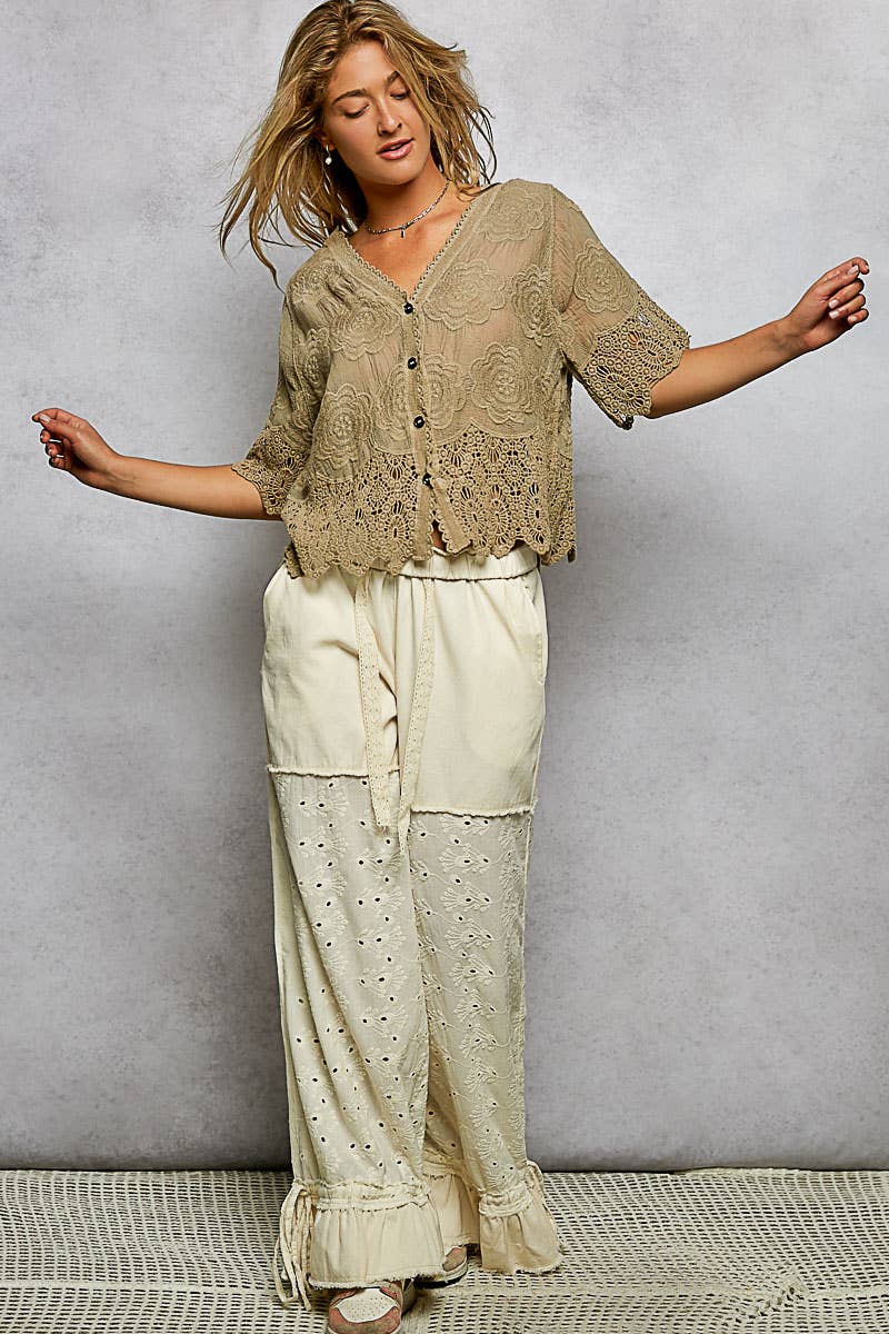 POL Crochet Trim Neckline Short Sleeve Jacket Top