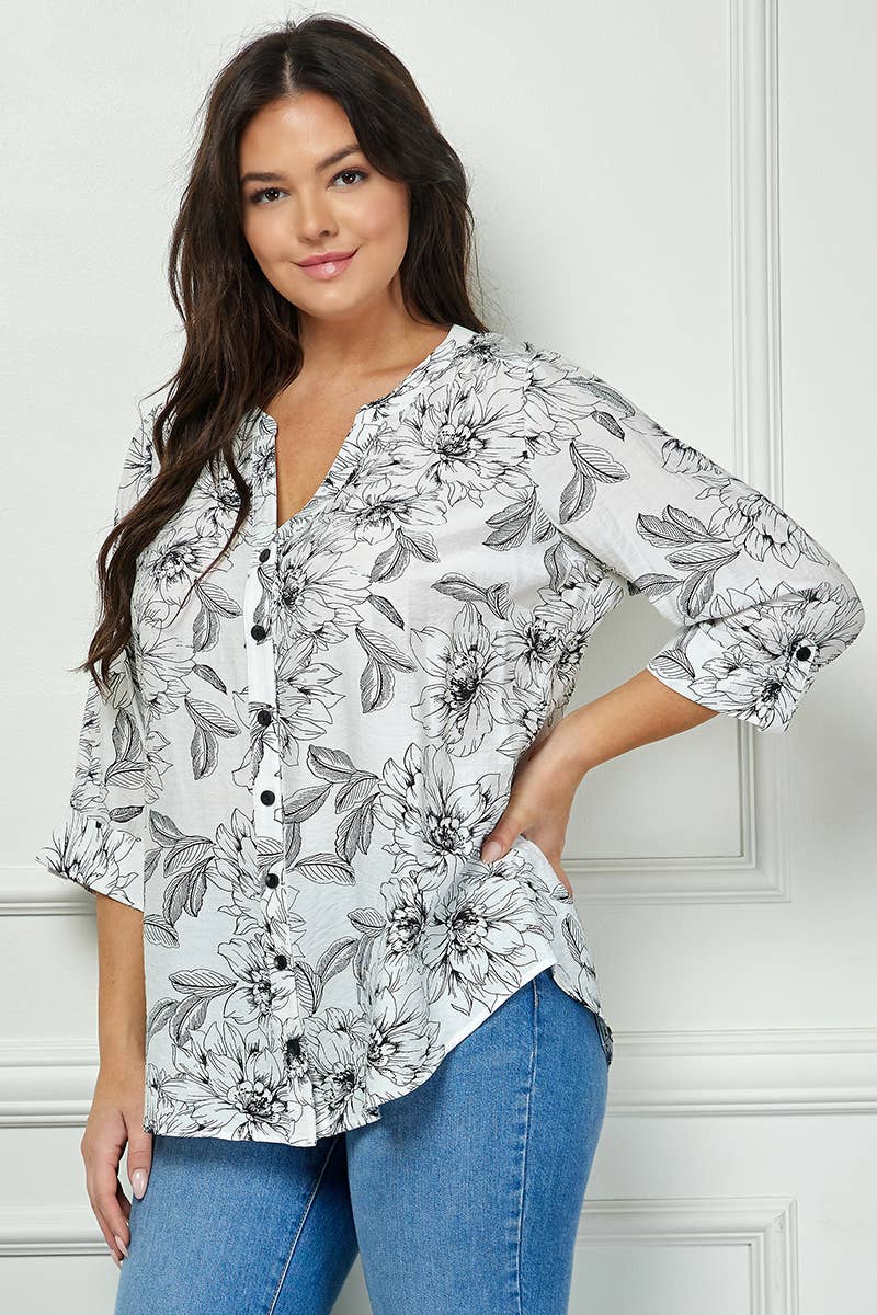 PLUS SIZE ROLL-TAB MANDARIN COLLAR BLOUSE