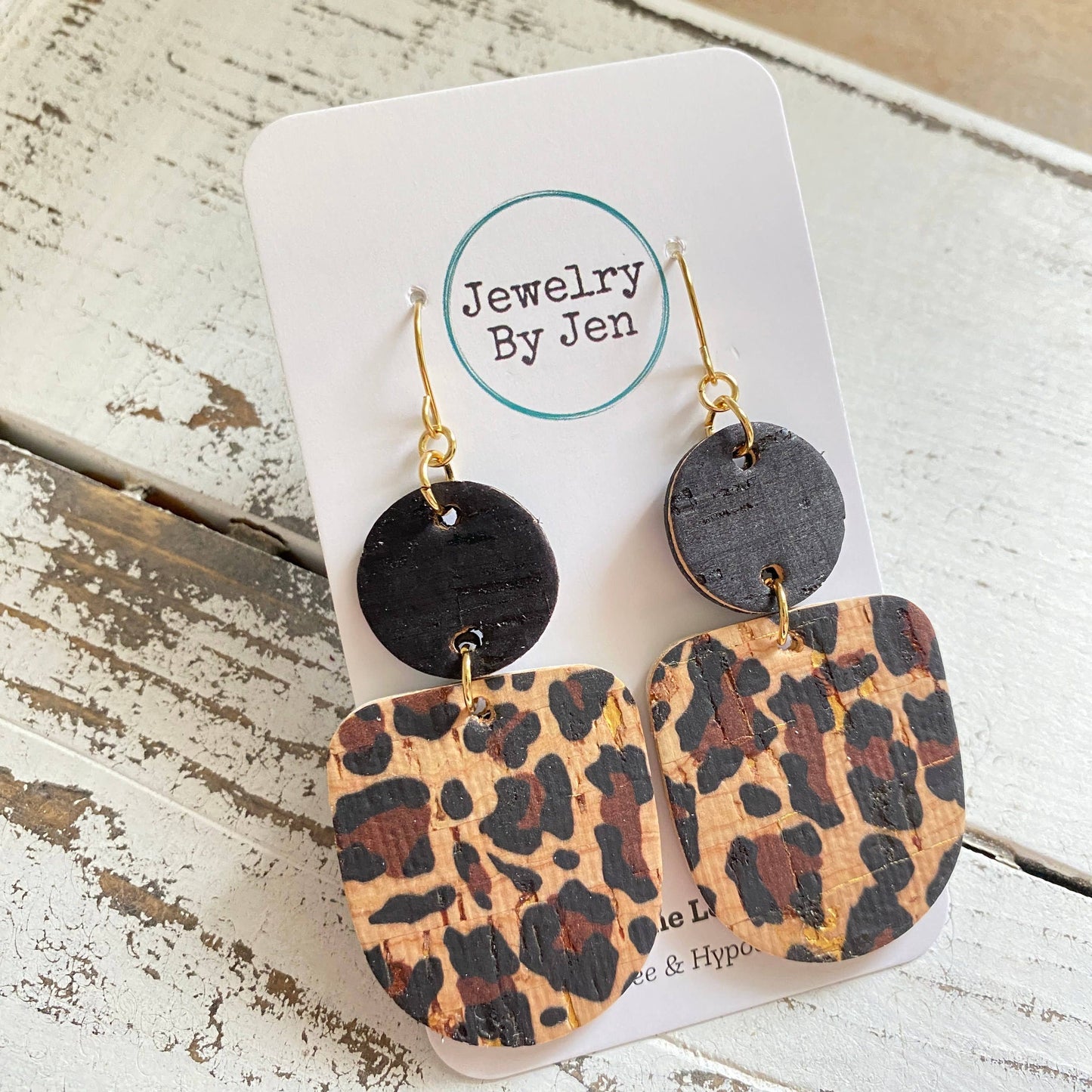 Boho Dangle Earrings: Black & Cheetah Cork