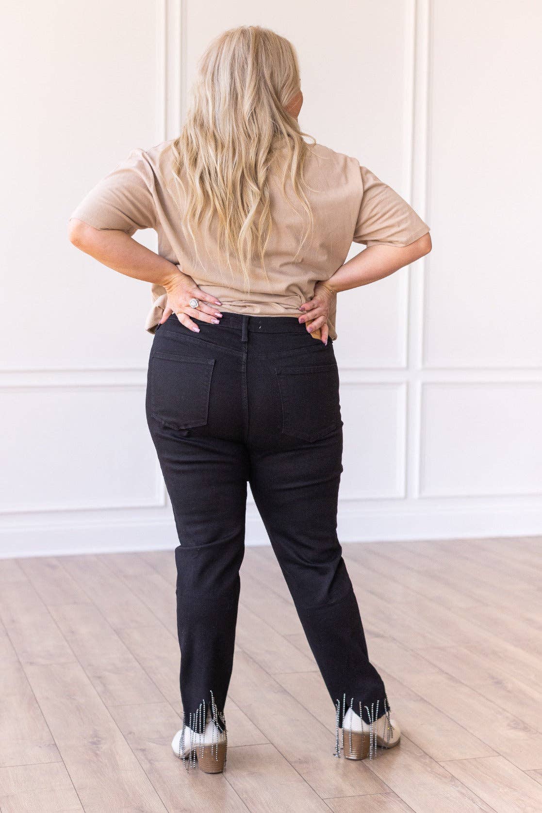 Black Skinny Jeans with Rhinestone Fringe Detail