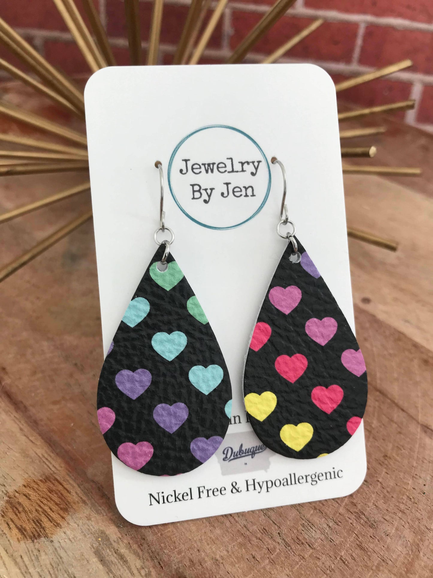 Medium Teardrop Earrings: Rainbow Hearts