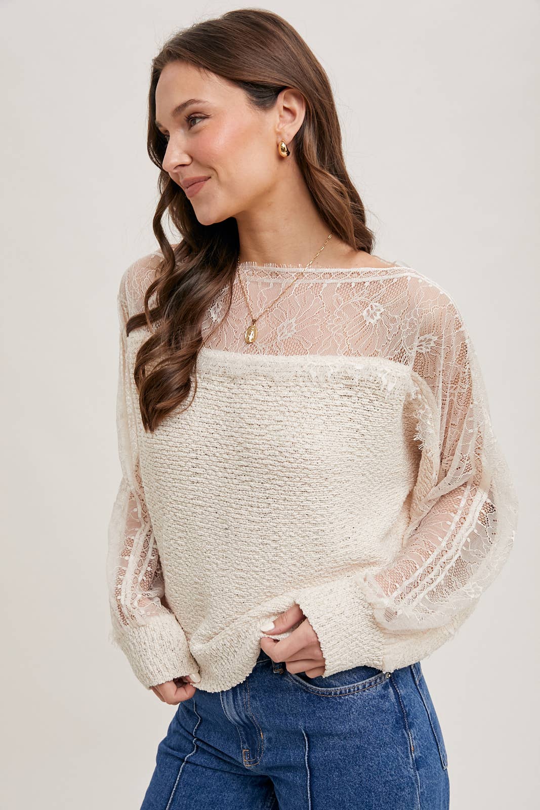 BOAT NECK LACE TRIMMED KNIT SWEATER PULLOVER