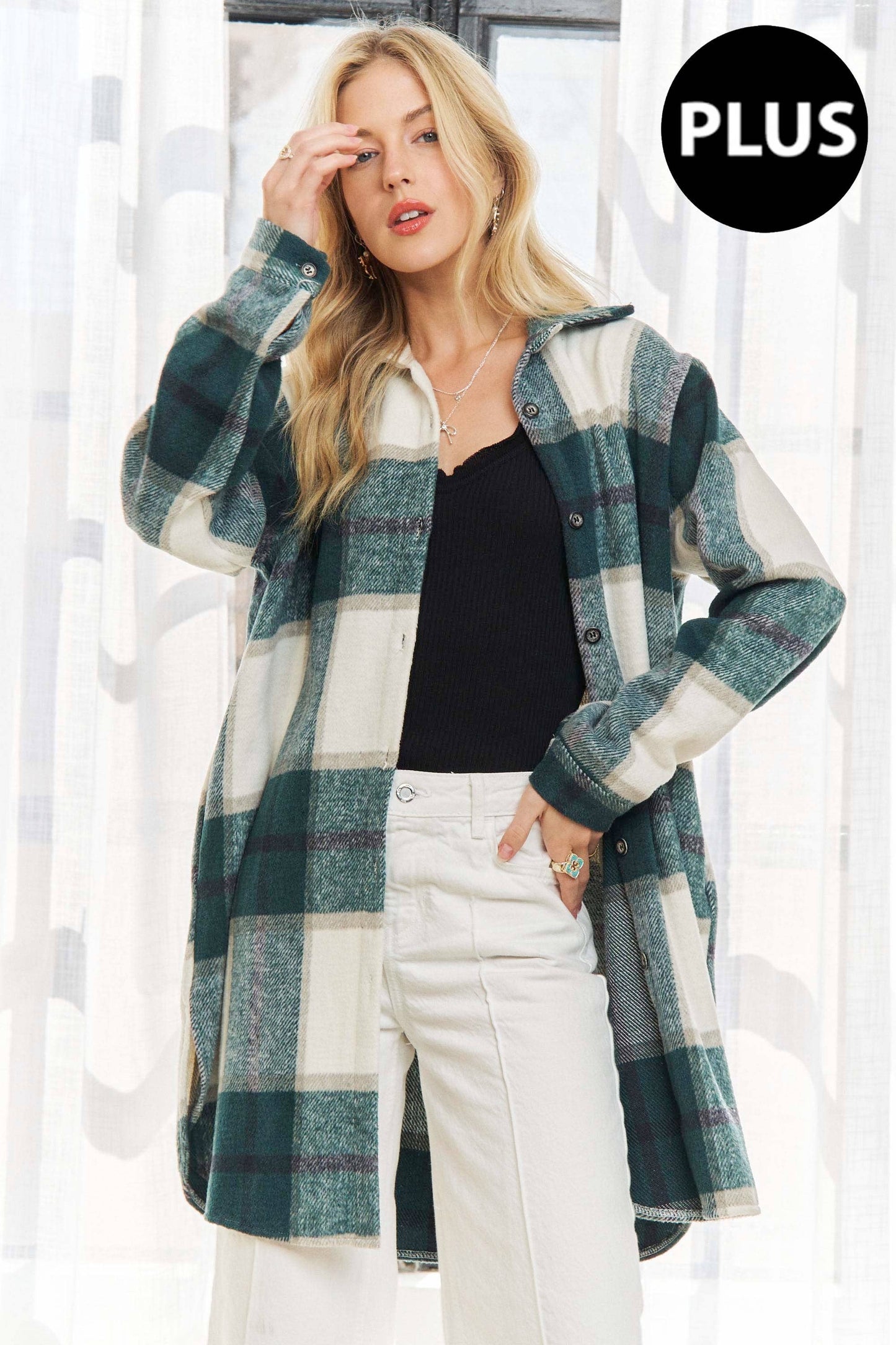 PLUS BUTTON DOWN FLANNEL SHACKET