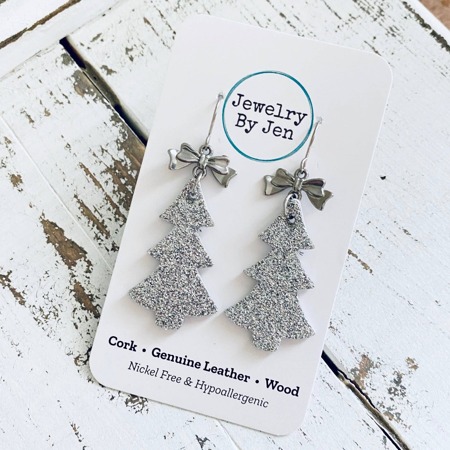 Christmas Tree Earrings: Silver Fine Glitter w/Bow Charm