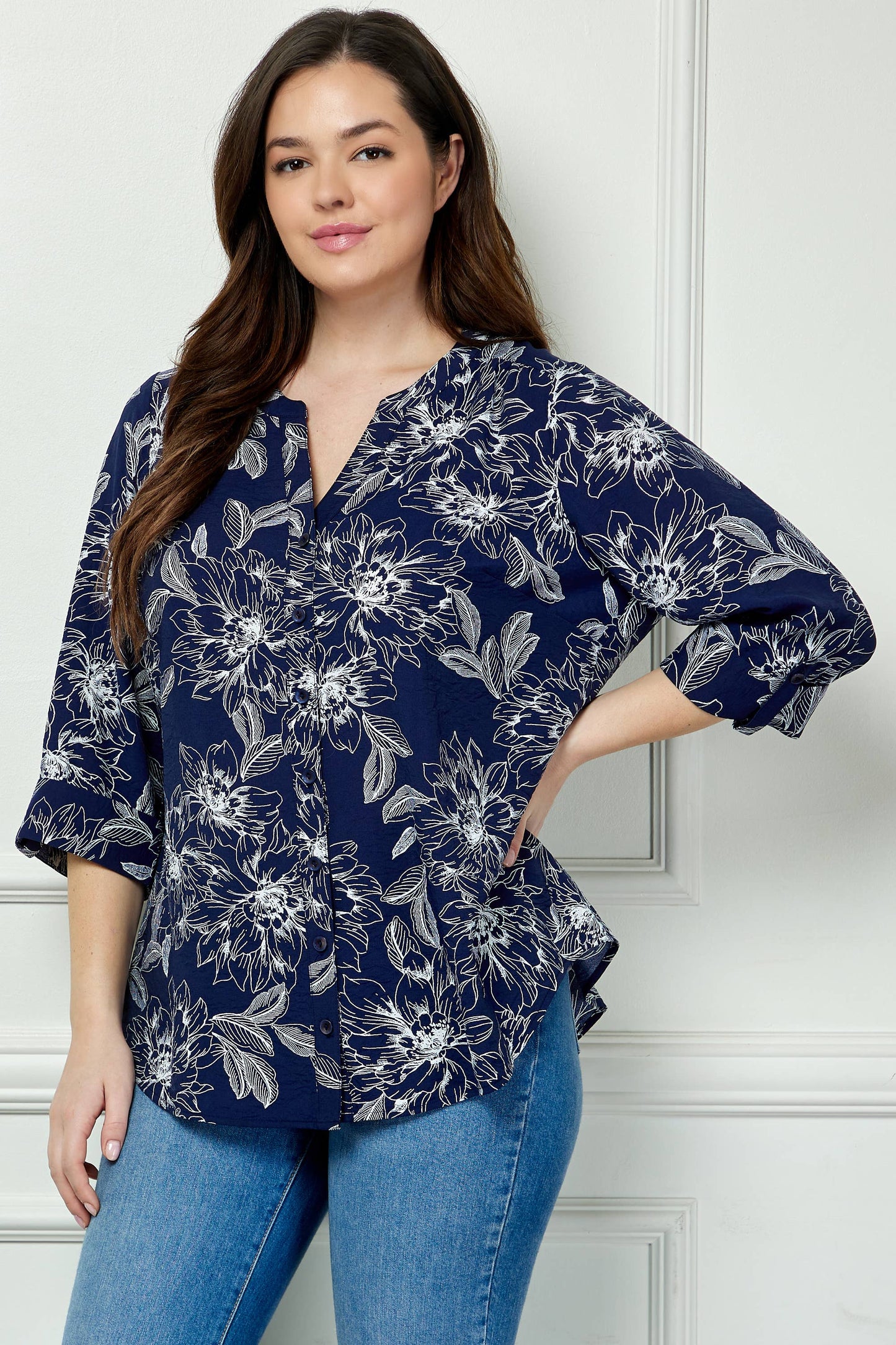PLUS SIZE ROLL-TAB MANDARIN COLLAR BLOUSE