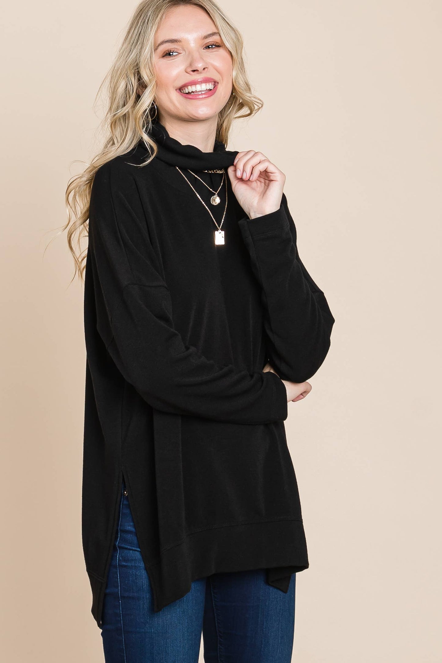Two Tone Cowl Neck Pullover top