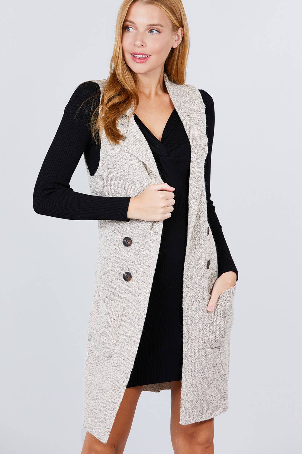 Notched Collar With Side Pocket Long Sweater