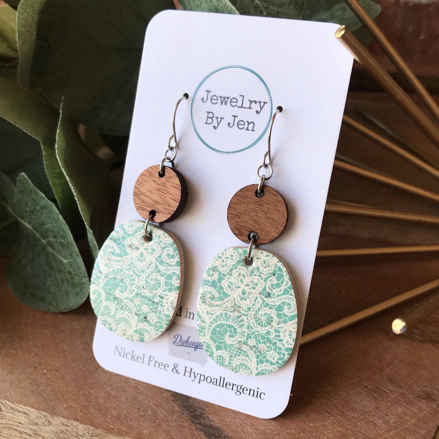 Wood & Aqua Lace Earrings