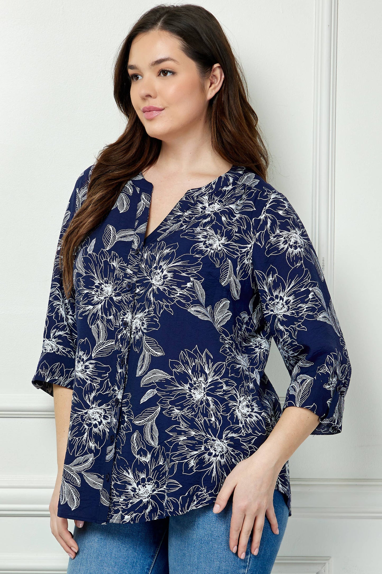 PLUS SIZE ROLL-TAB MANDARIN COLLAR BLOUSE