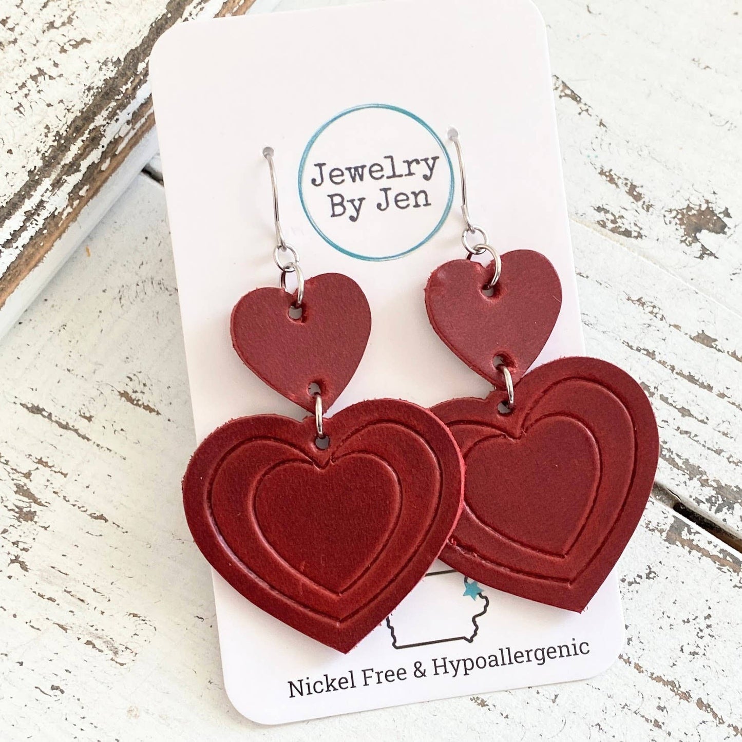 Embossed Double Heart Earrings: Deep Red sale
