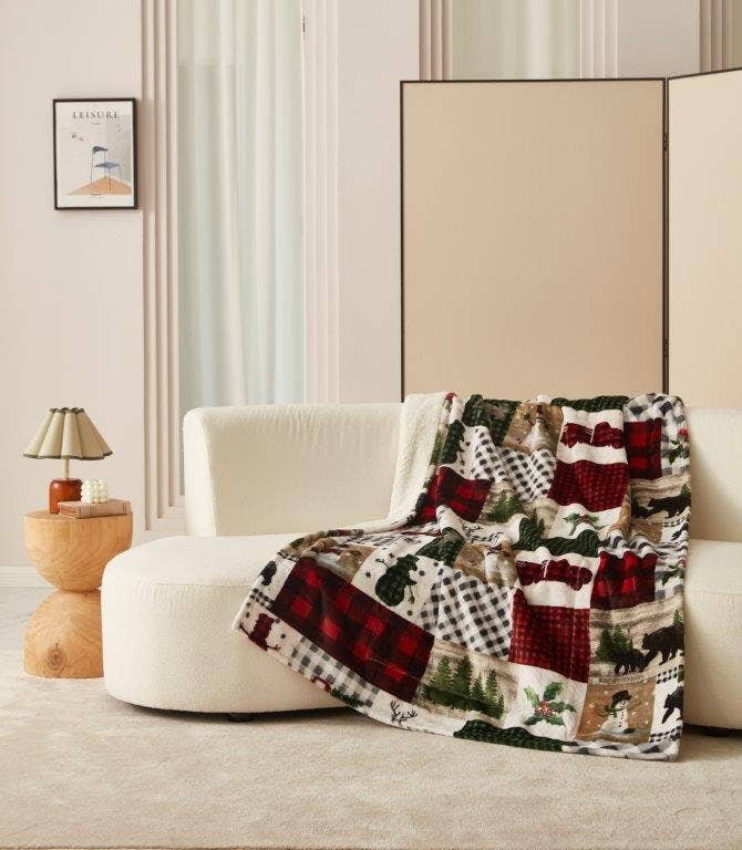 "Country Lodge Patchwork" Footed Flannel Throw 50"x70"
