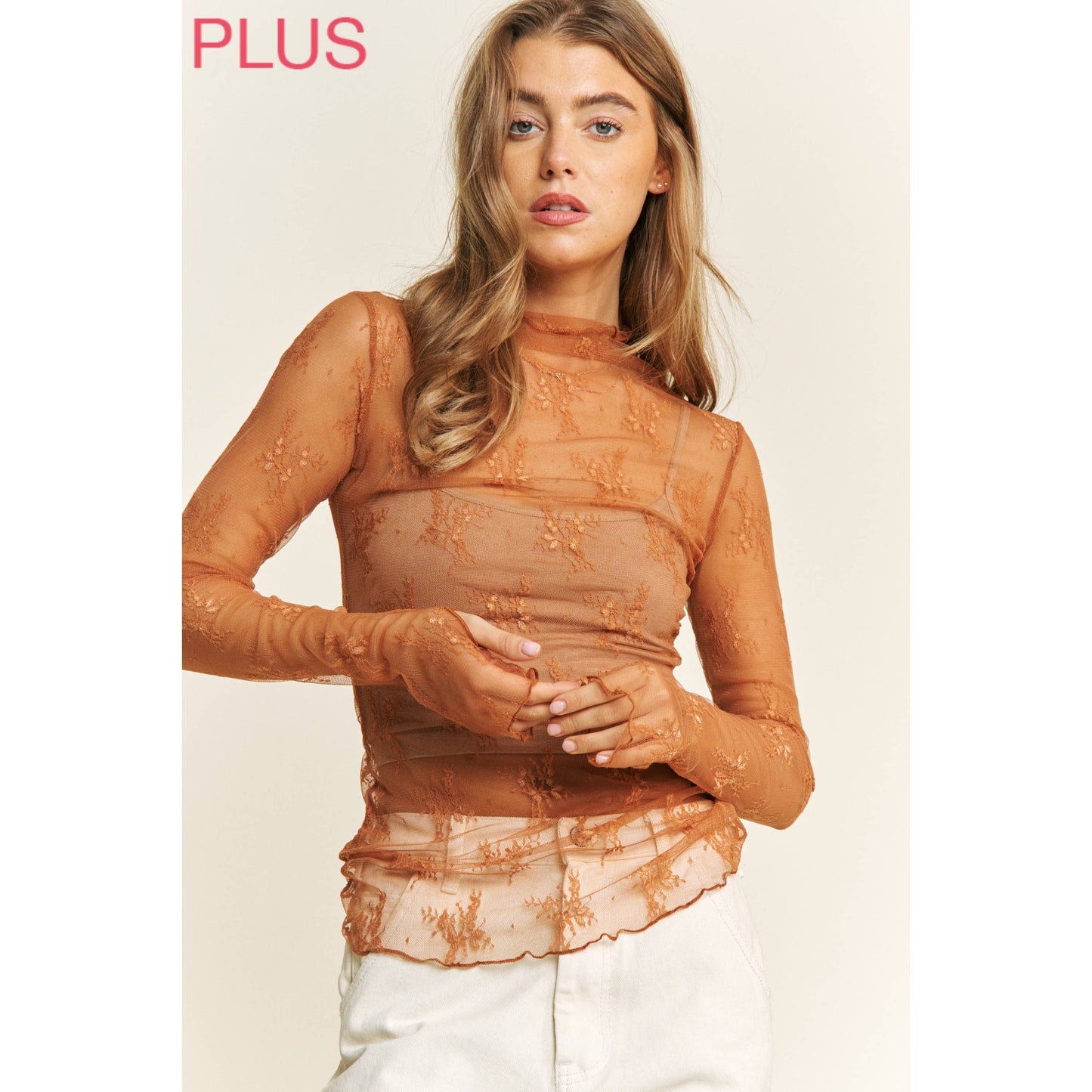 PLUS MESH LACE HIGH NECK DESIGN LONG SLEEVE FITTED TOP