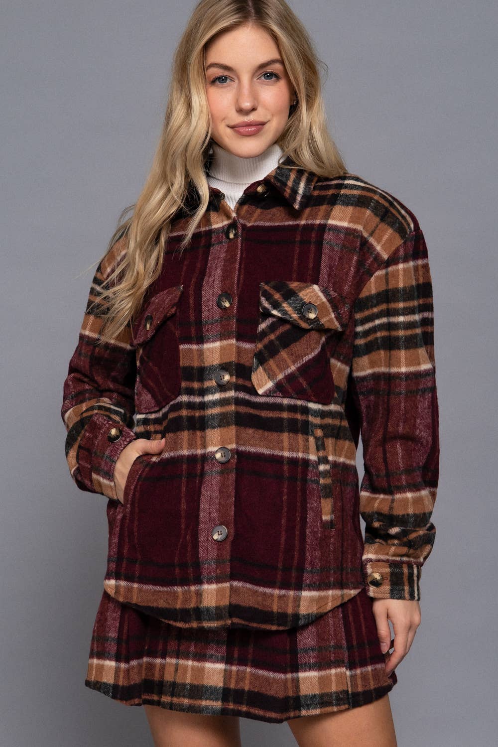 Wool Blend Plaid Jacket W/ Side Pockets