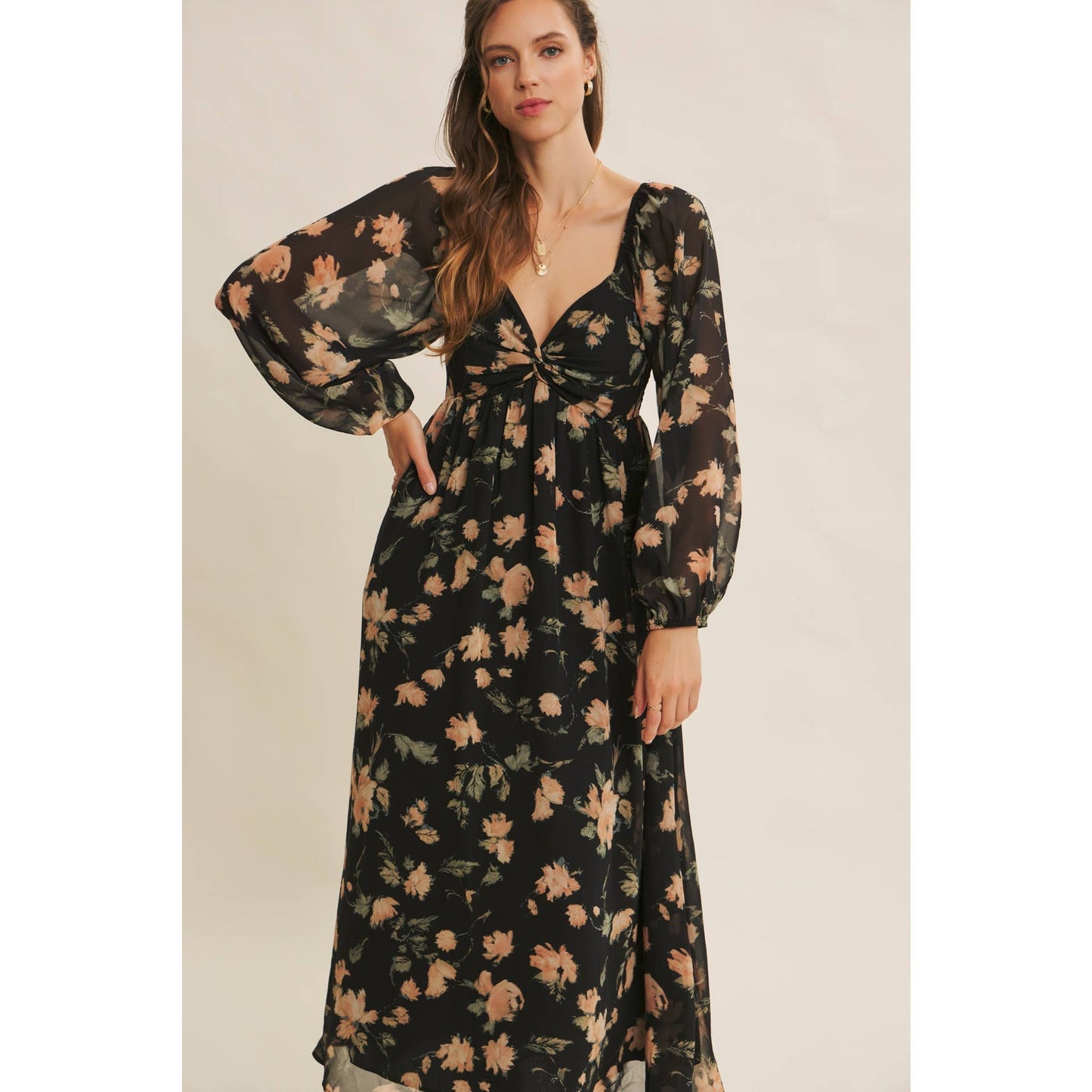 FLORAL CHIFFON MIDI DRESS