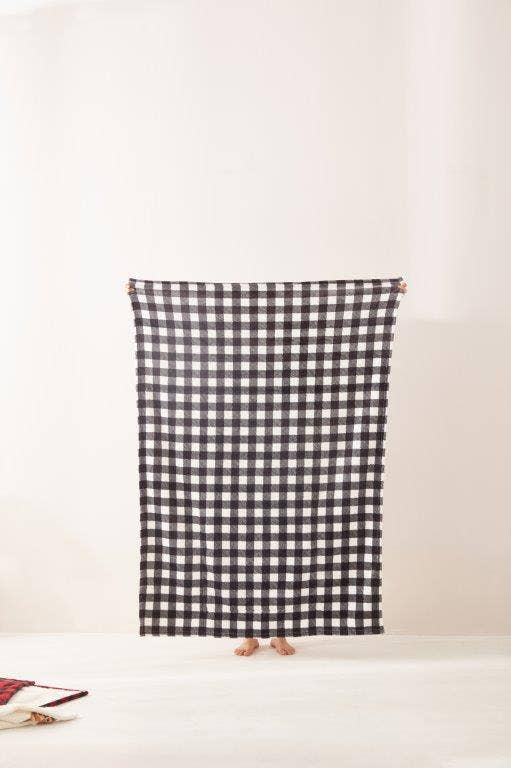 "Black & White Plaid" Footed Flannel Throw 50"x70"