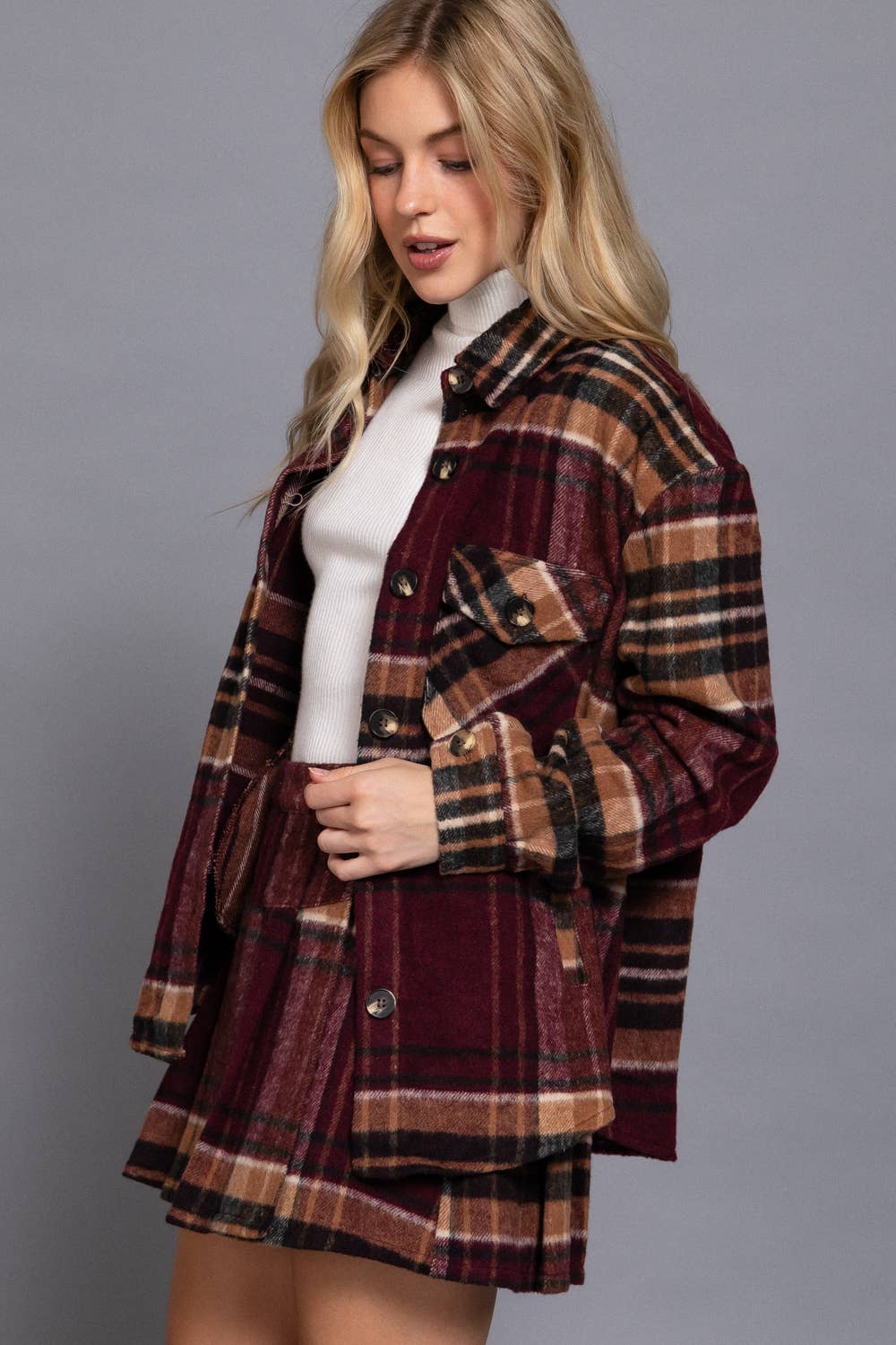 Wool Blend Plaid Jacket W/ Side Pockets