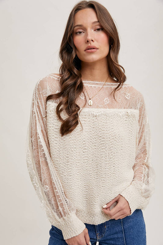 BOAT NECK LACE TRIMMED KNIT SWEATER PULLOVER