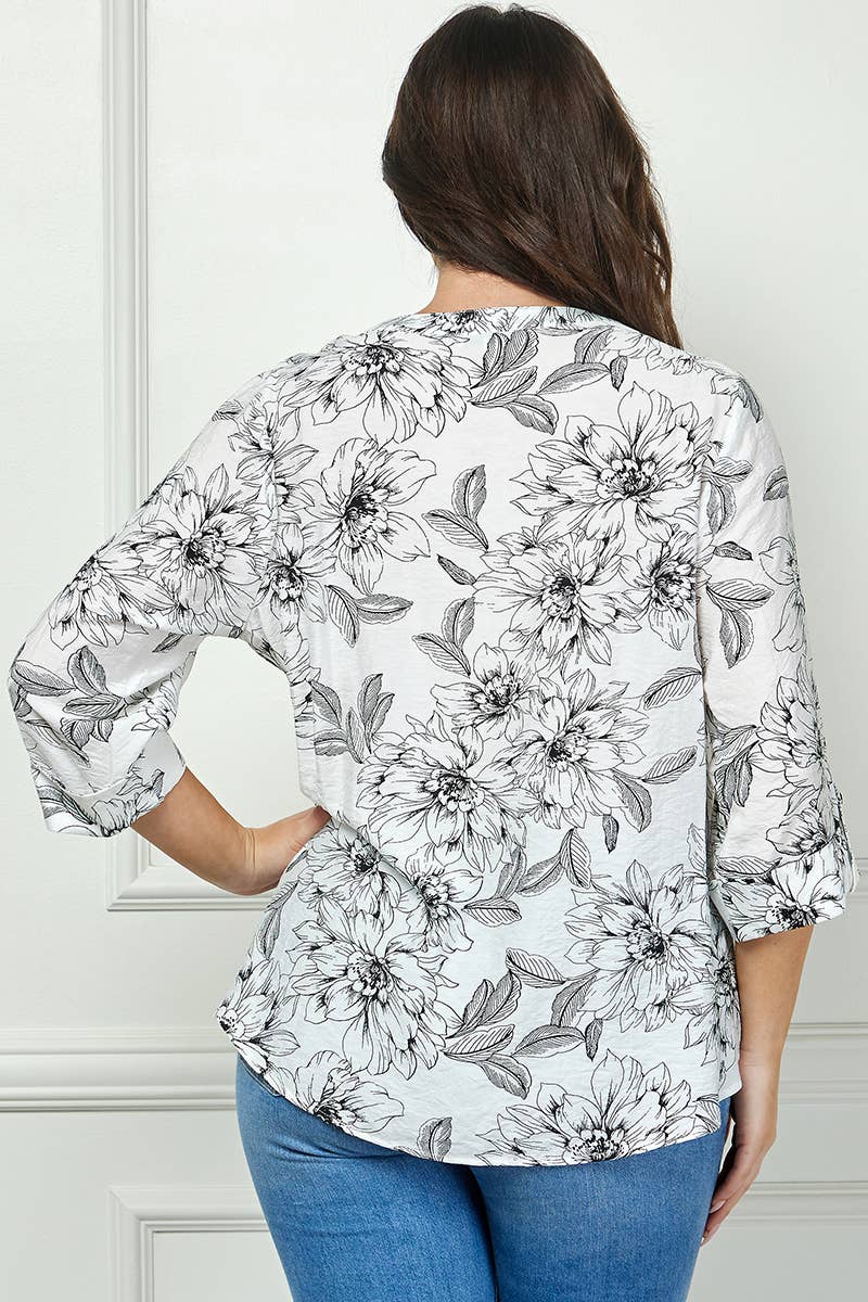 PLUS SIZE ROLL-TAB MANDARIN COLLAR BLOUSE