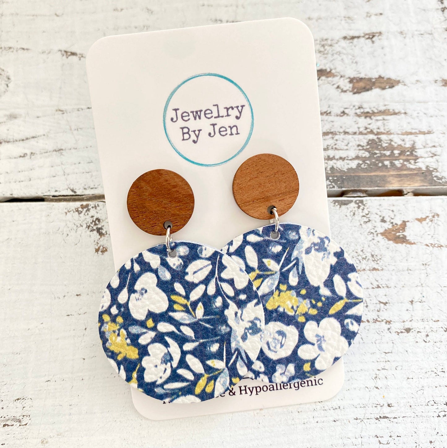 Wood Stud Earring: Navy Floral