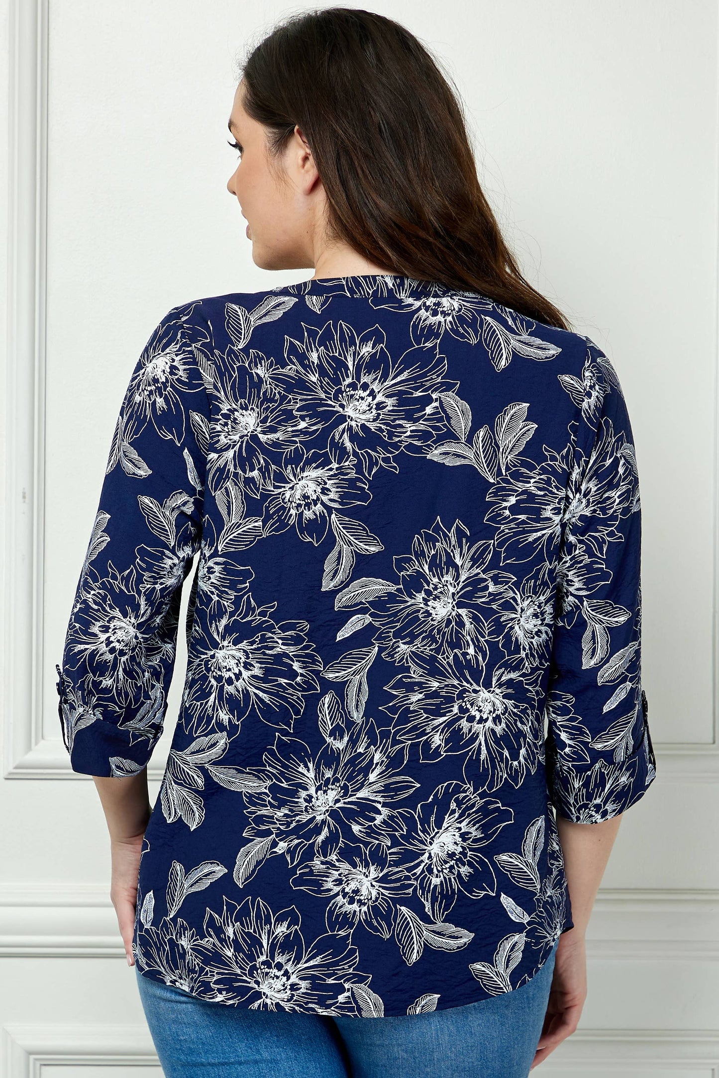 PLUS SIZE ROLL-TAB MANDARIN COLLAR BLOUSE