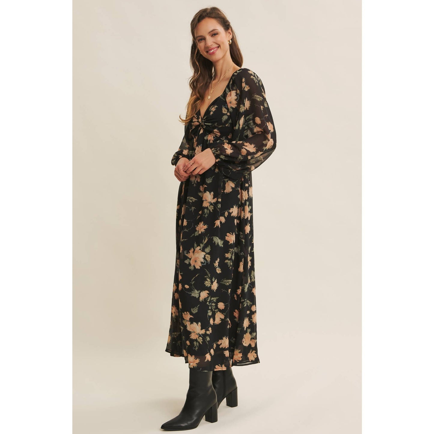 FLORAL CHIFFON MIDI DRESS