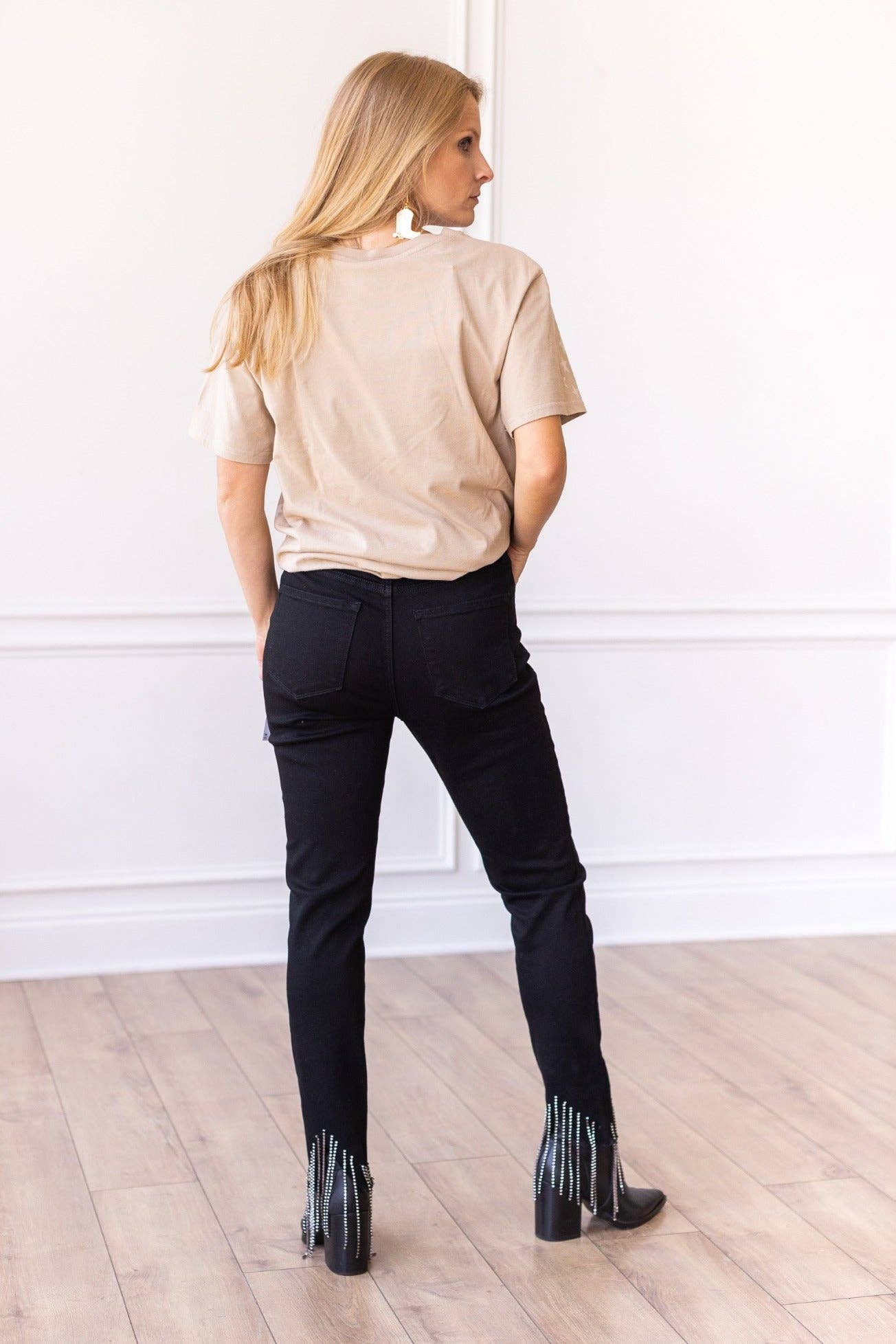Black Skinny Jeans with Rhinestone Fringe Detail