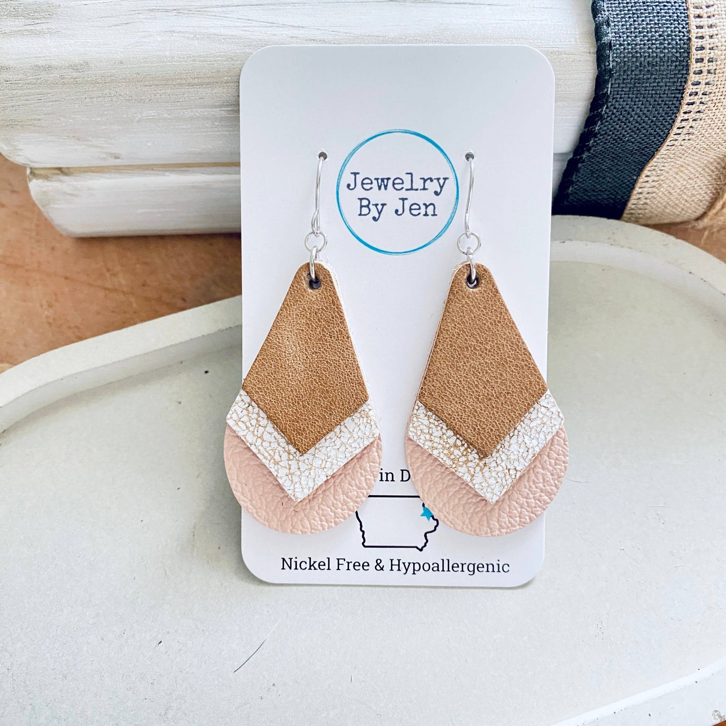 Triple Stacked Teardrop: Tan, Weathered White & Blush