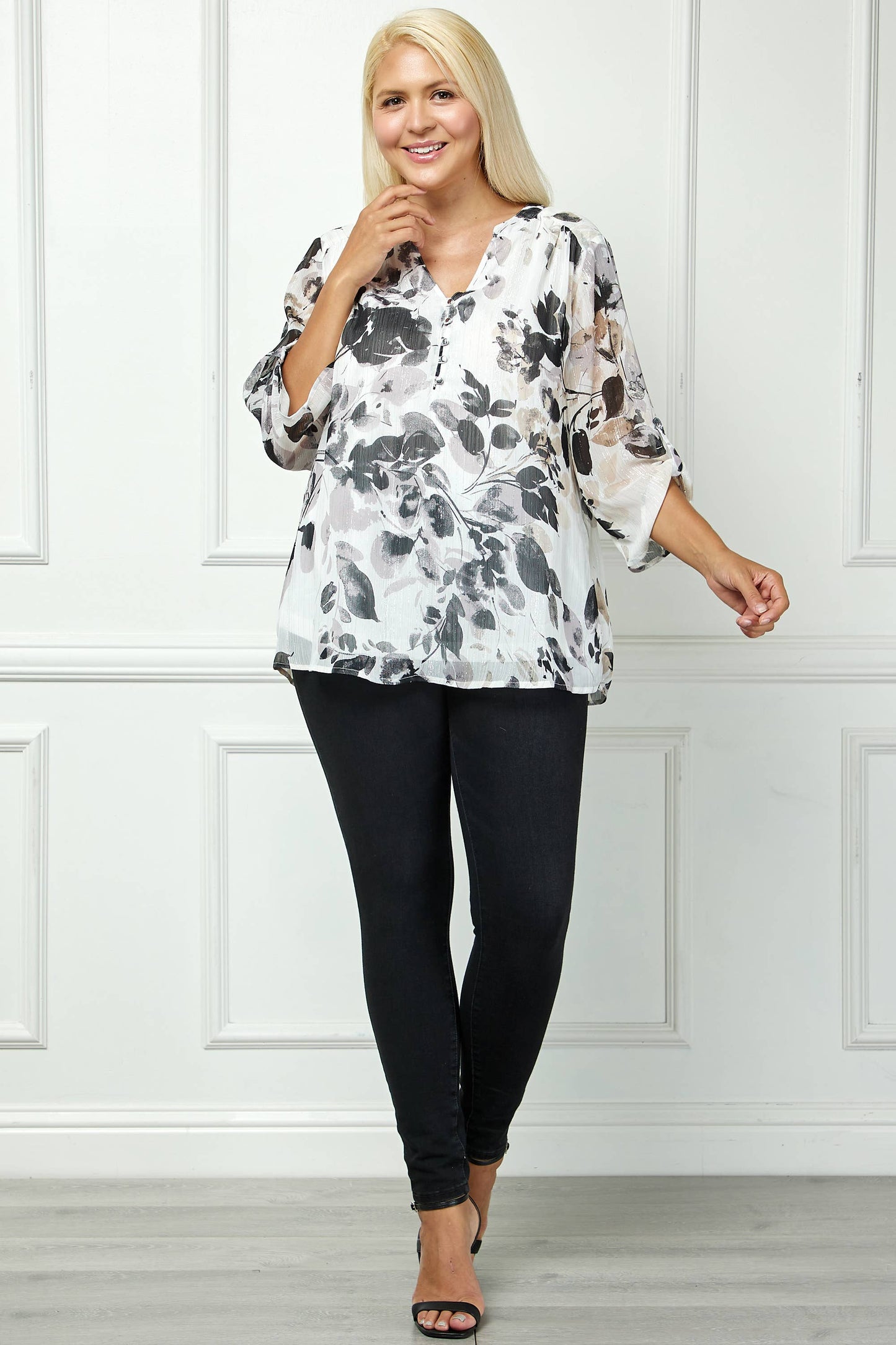 PLUS SIZE RUSHED TAB SLEEVE HENLEY BLOUSE