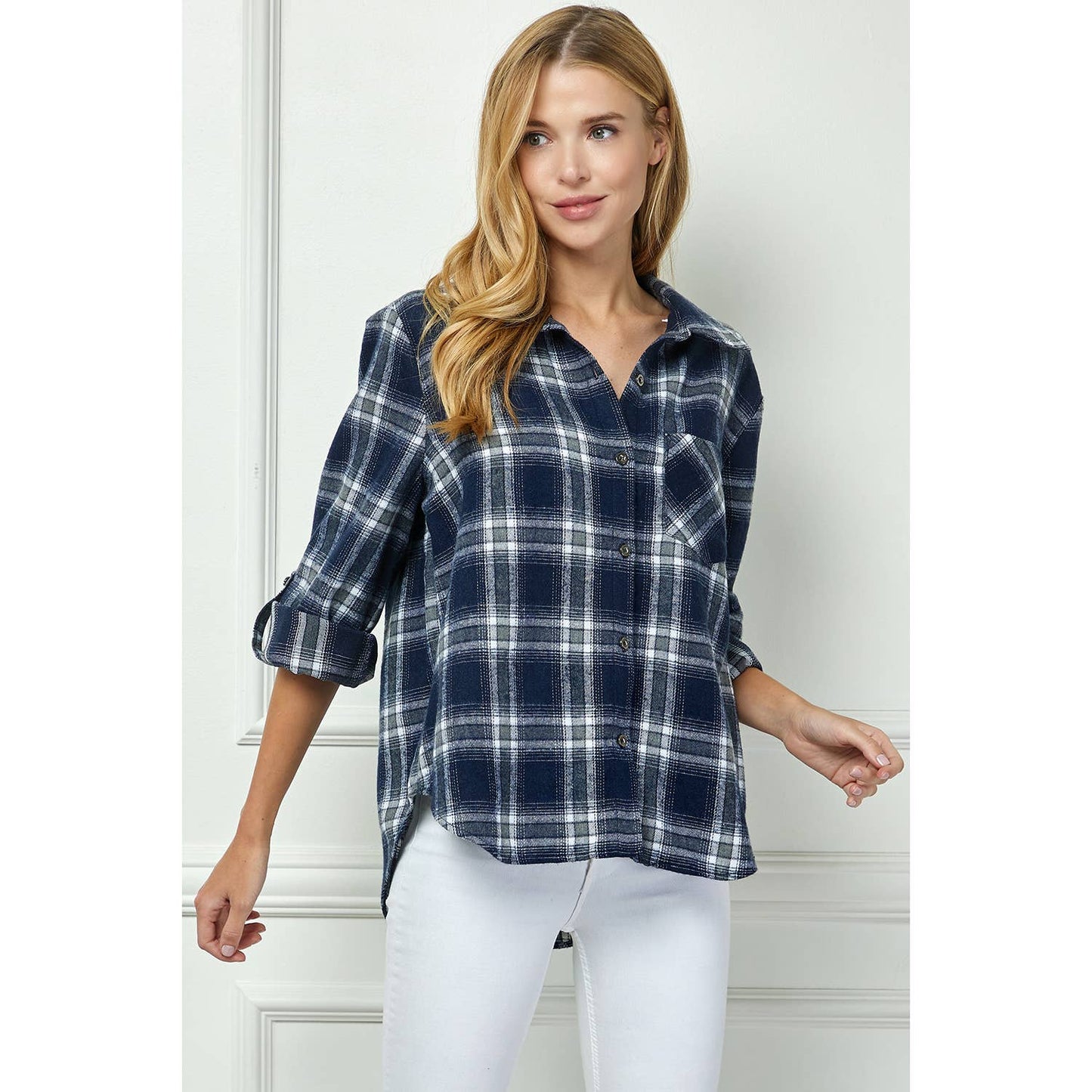 PLAID FLANNEL ROLL SLEEVES COLLAR NECK SHIRTS