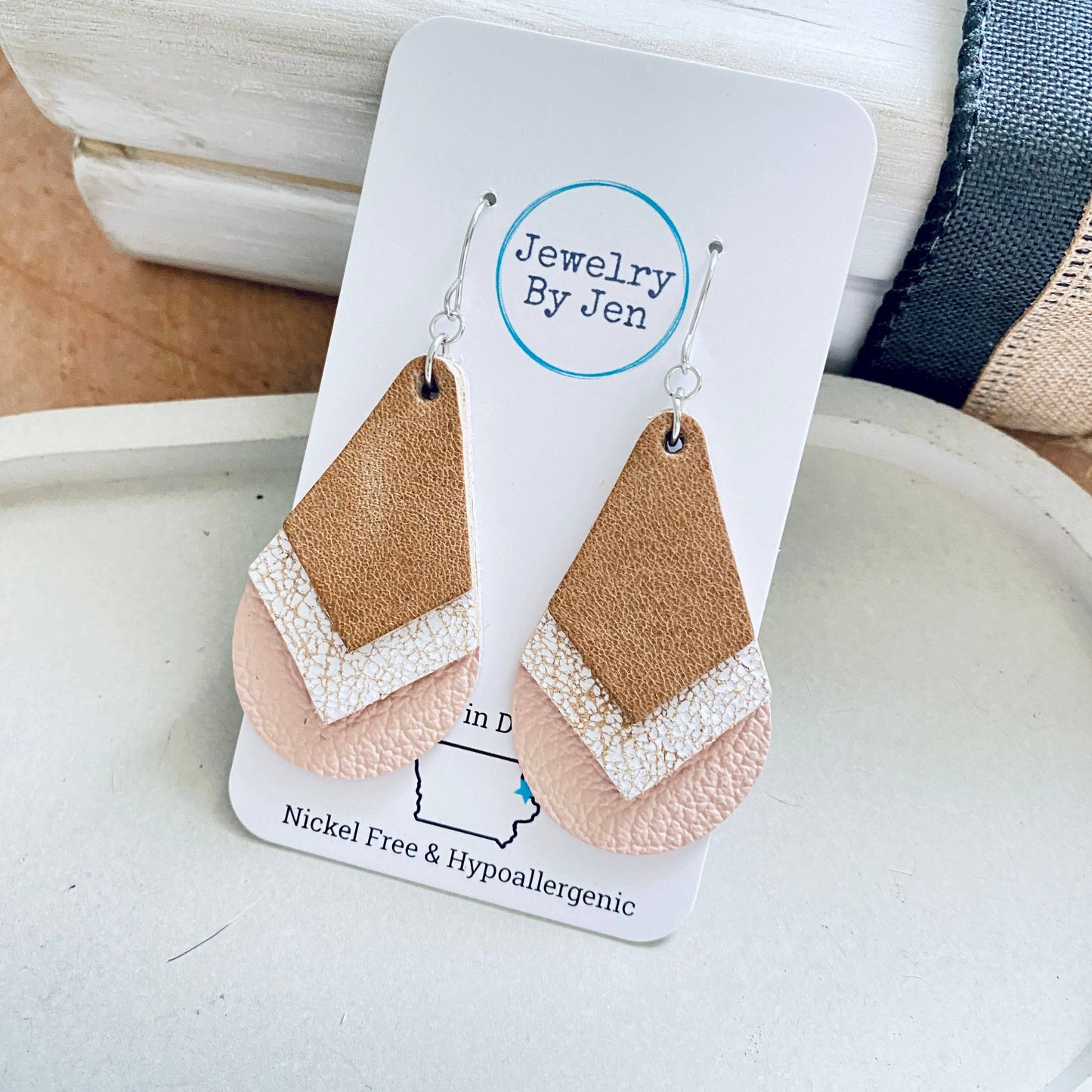 Triple Stacked Teardrop: Tan, Weathered White & Blush