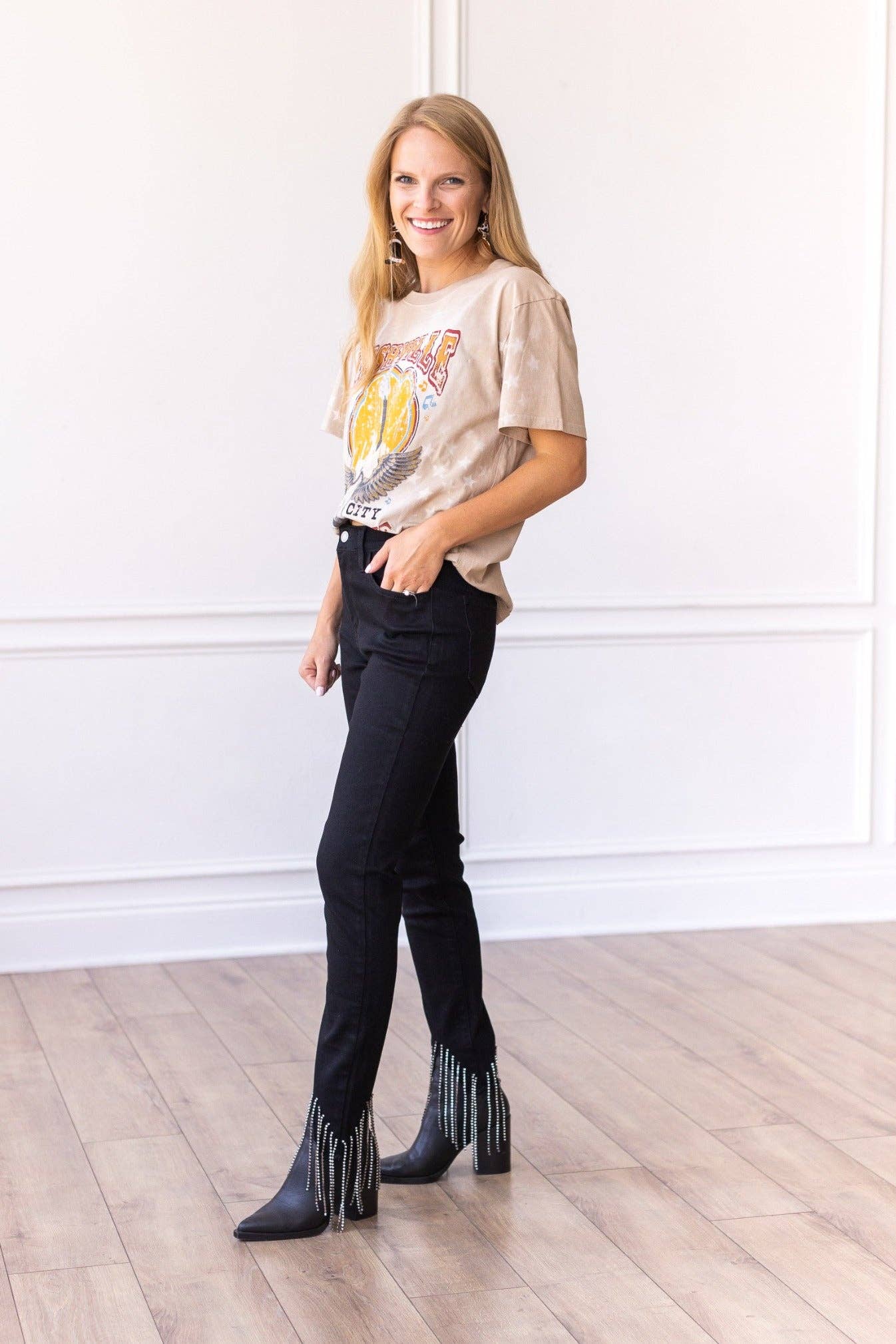Black Skinny Jeans with Rhinestone Fringe Detail