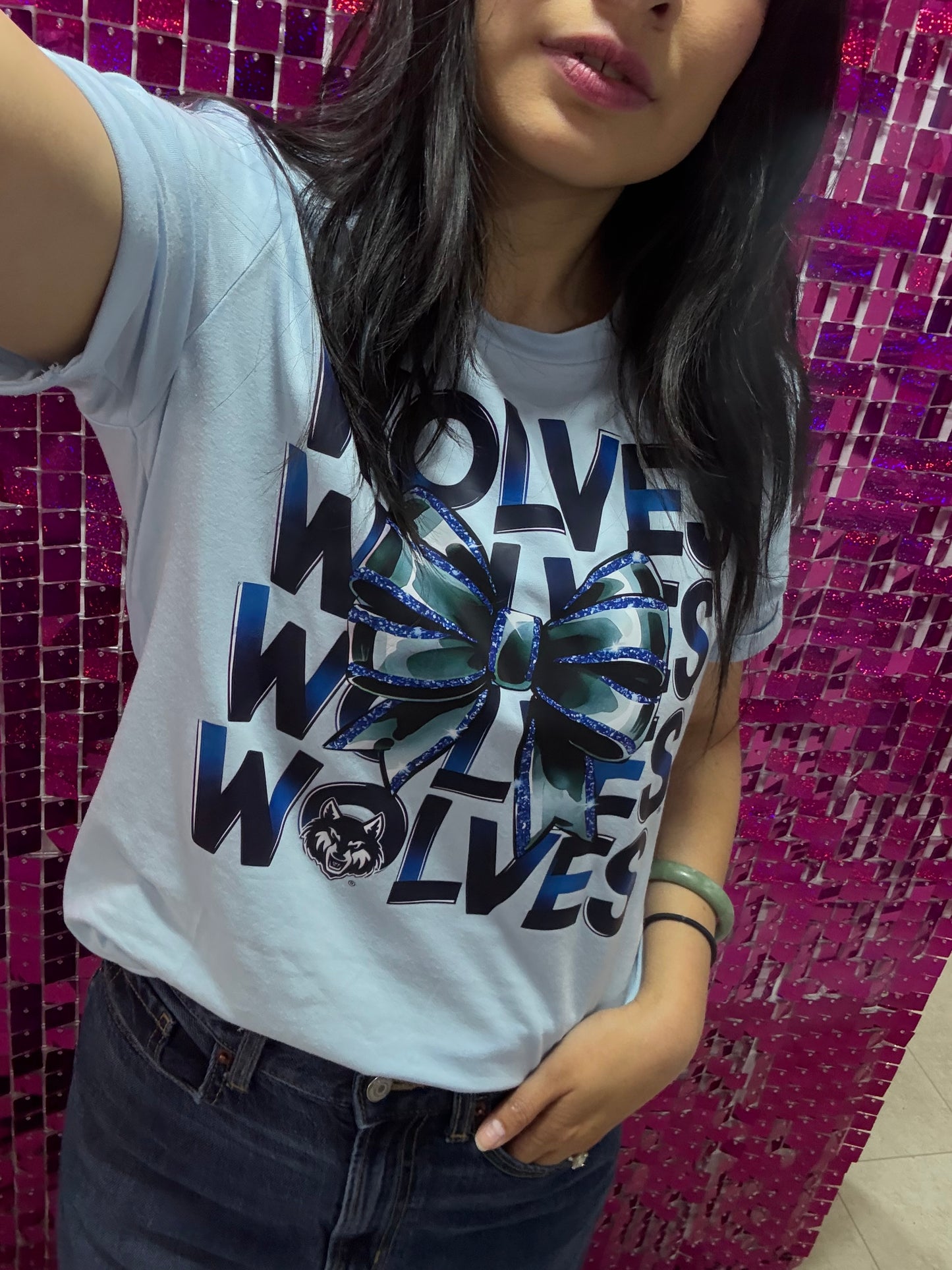 blue wolves themed t-shirt with bow