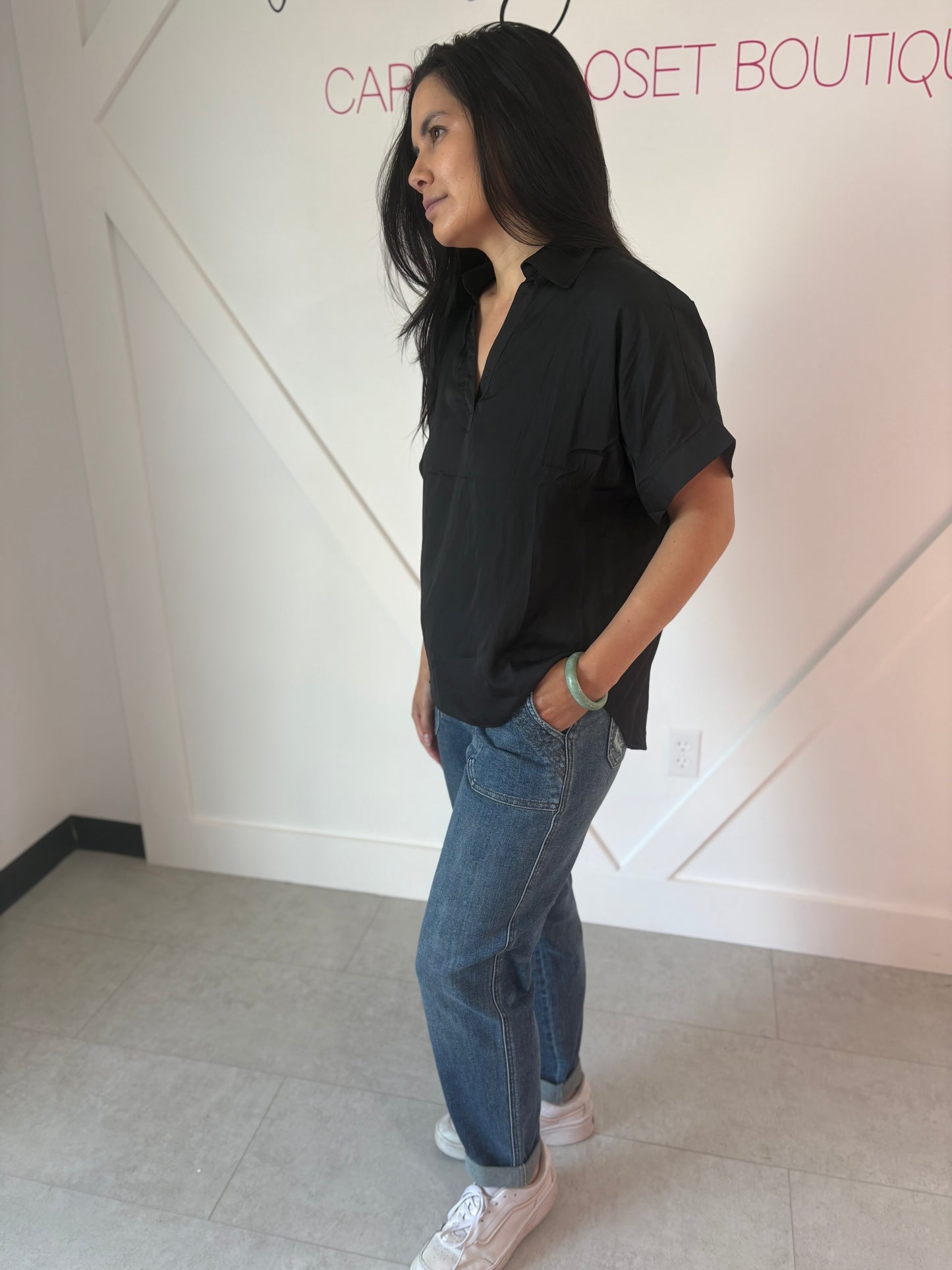 Silky Black V Neck Blouse